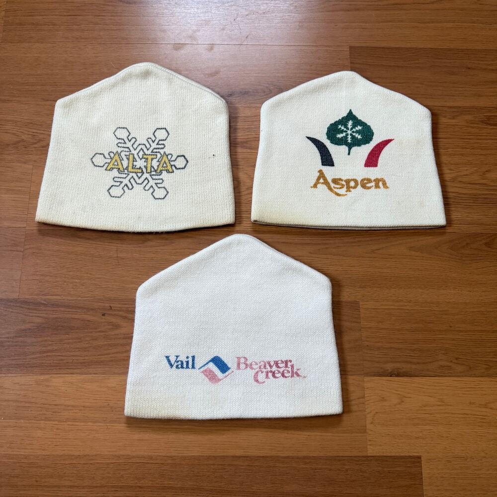 Lot of 3 Vintage 80's Colorado Utah Ski Resorts White Winter Beanie Snow Caps